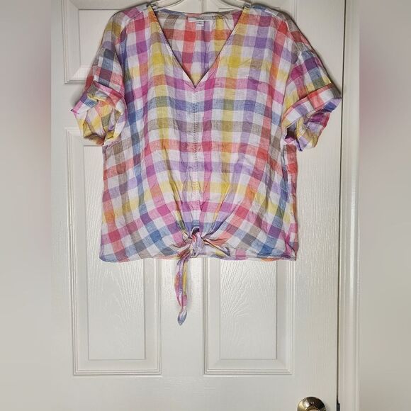 Charter Club Luxury XL Mlticlr   100% LINEN  Plaid Shrtslvs Women’s Top Blouse - Picture 1 of 8